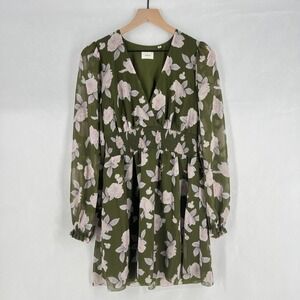 Aritzia Wilfred Wistful Mini Dress Womens M Green Floral Smocked Surplice Neck